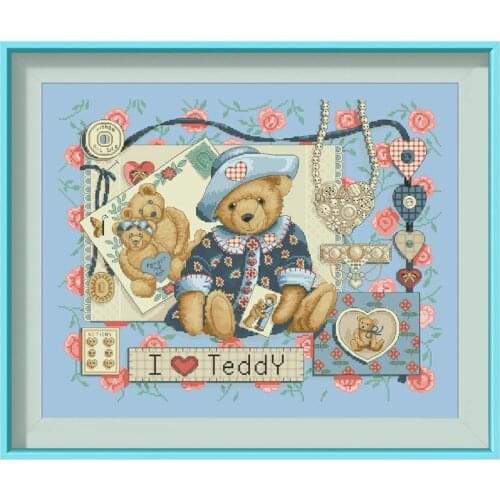 I love bear cross stitch kit cartoon package 18ct 14ct 11ct skyblue cloth cotton thread embroidery DIY handmade needlework