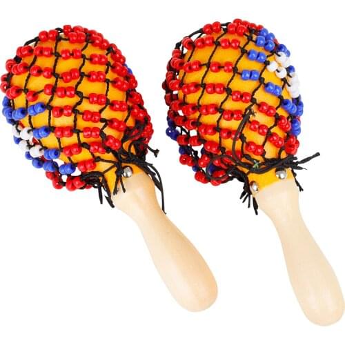 Wooden Maracas Sand Hammer Percussion Instrument Party Favor Musical Toy with Coloured Beads Net for Kids Toddler