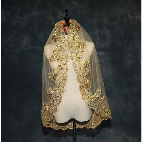 White Ivory Gold Wedding Veil Short Veil Lace Bling Sequins Bridal Veil With Comb Wedding Marriage Accessories Welon Slubny