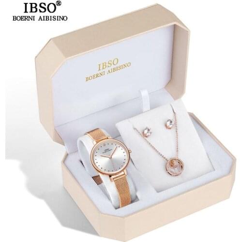 Ibso Brand Women Rose Gold Watch Earring Necklace Set Female Jewelry Set Fashion Creative Crystal Quartz Watch Ladys Gift
