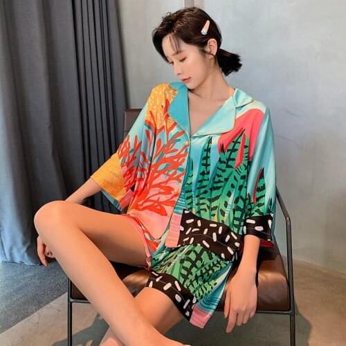 Satin Silk Women Pajamas Set Two Pieces Plant Printed Soft Pyjama Suit Simple Casual Short Sleeves Sleepwear For Female Big Size