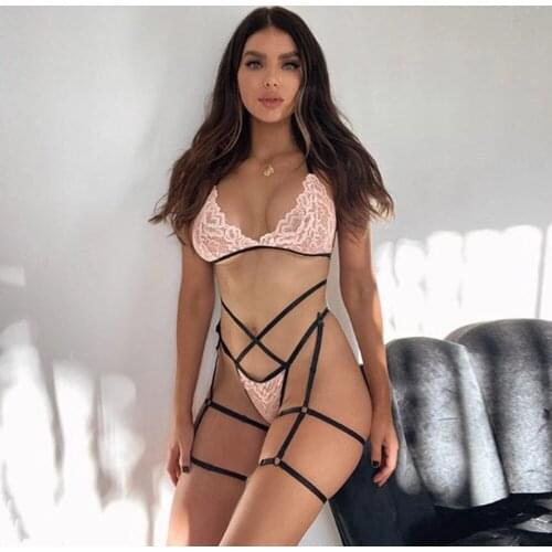 Lace Womens Underwear Set Perspective Lace Bra Hollow Thong Garter Set Sexy Womens Underwear Cardigan