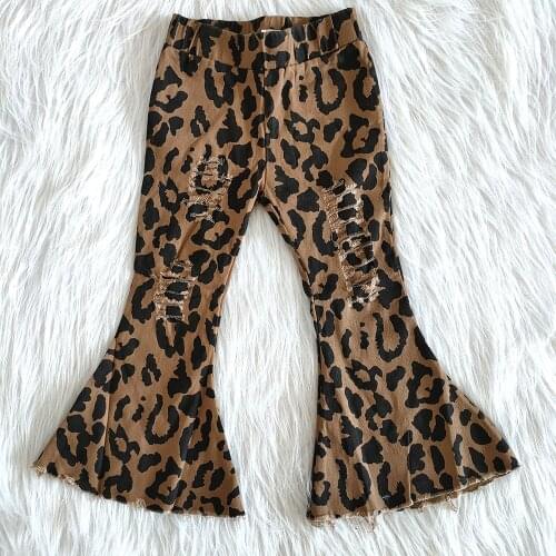 Best selling kids denim pants girl fashion fall bell pants baby girl leopard print pants