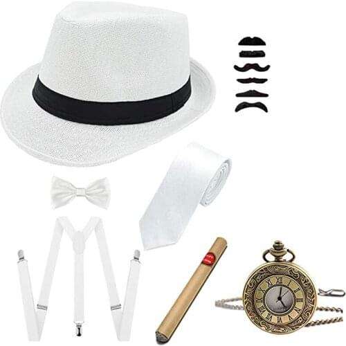 1920s Mens Accessories Hard Felt Panama Hat Y-Back Suspenders & Pre Tied Bow Tie Ties Toy Cigar & Fake Mustache