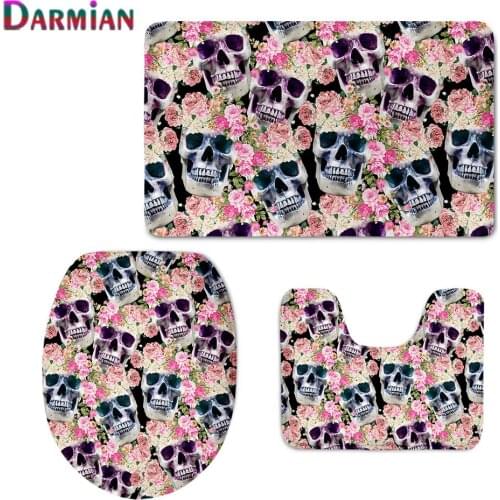 Skull with Pink Flower Pattern Print Commode Lid Pad Personalized Decorative Carpet for Bathroom Soft Non-Slip Shower Carpet New