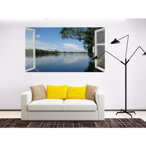 Free shipping 3D Window Riverside Wall Decal Art Photo waterproof Removable Wallpaper Forest Mural Sticker Vinyl Home Decor
