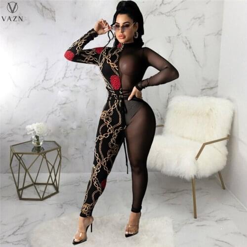 VAZN 2021 Lady New Fashion Sexy Club Party Style Jumpsuits Long Sleeve Zipper Printed Tight Jumpsuits Long Pants