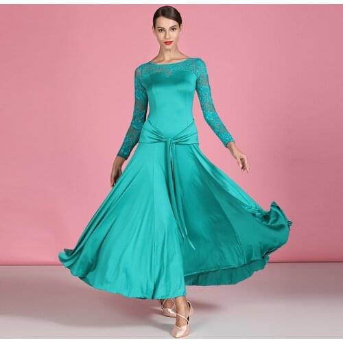 Green Lace Stitching Soft Milk Silk Women Ballroom Dance Dress For Sale Tango Dance Costumes