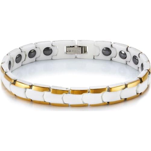 Golden White Ceramic Magnetic Therapy Bracelet for Women Girls Arthritis Pain Relief Wristband Armband Christmas Gifts Jewelry