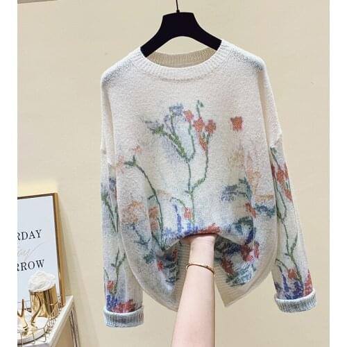 Simple And Elegant Printed Sweater Womens New Mage Lazy Style Loose Fitting Horse Crew Neck Top In Spring 2021