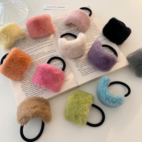 2021 Winter Faux Rabbit Fur Fashion Plush Scrunchie Women Girls Elastic Hair Rubber Band Accessories Tie Hair Ring Rope Headwear