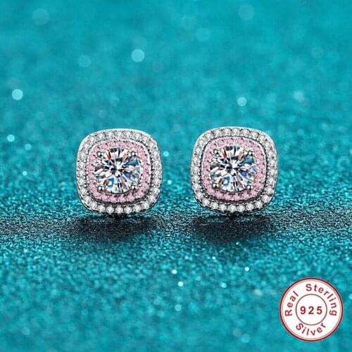 Geoki Luxury 925 Sterling Silver Passed Diamond Test Perfect Cut Total 1 Ct D Color VVS1 Moissanite Pink CushionStud Earrings