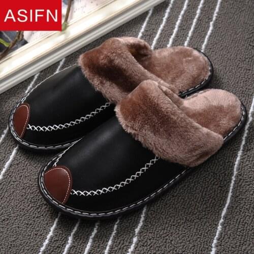 ASIFN Men Winter Cotton Fur Slippers PU Leather Women Mules Flip Flops for Non-slip Male Indoor Home Cozy Memory Foam Slippers