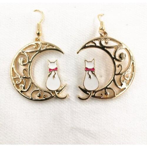 Timlee E187 Free shipping Grace Fashion Metal Cute Cat On the Moon Dangle Drop Earrings Wholesale