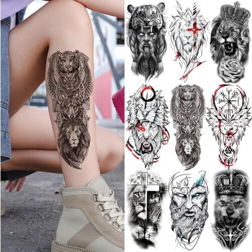 Tribal Lion Temporary Tattoo For Men Women Adult Kid Black Compass Wolf Tattoos Sticker Cross Flower Crown Body Art Tatoos Thigh