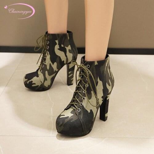 Street style round toe ankle boots fashion lace-up platform black camouflage super high heel thick riding boots womens shoes