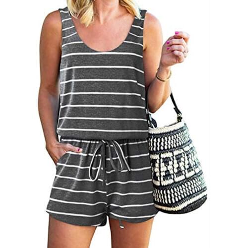 2020 Women Summer Sleeveless Jumpsuit Solid Casual Shorts Romper with Pockets Striped O-Neck Casual Girls Female Playsuits G1461