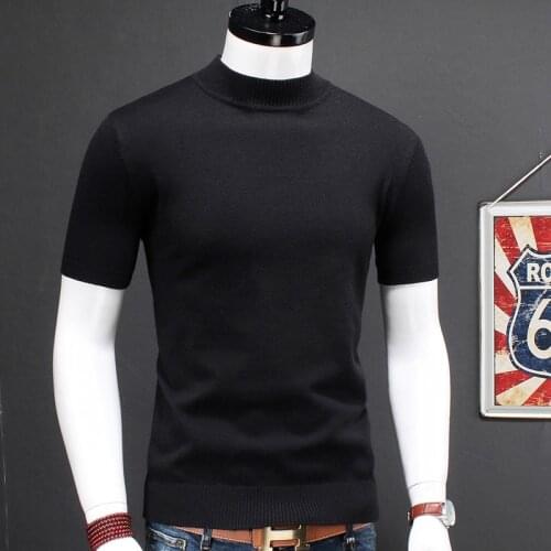 Men Short Sleeve Sweater Autumn Winter Black Slim Warm Mock Neck Pullover