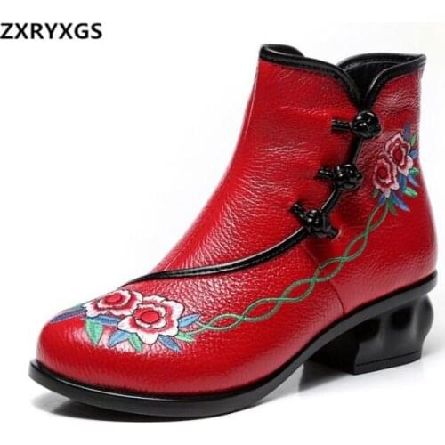 ZXRYXGS Brand Shoes Handmade Cowhide Embroidered Fashion Boots Ankle Boots Thick Heel Soft Bottom Fall Winter Boots Women Boots