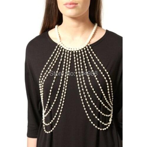 FREE SHIPPING NEW STYLE P22 WOMEN FASHION WHITE IMITATION PEARLS CHAINS JEWELRY FULL BODY BEADS CHAINS JEWELRY