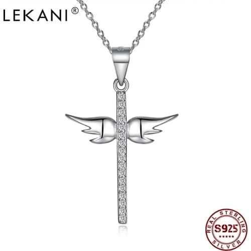 LEKANI 925 Sterling Silver Cute Angel Wing Cross Pendant Necklaces Women Clear 5A Cubic Zirconia Necklace Romantic Jewelry