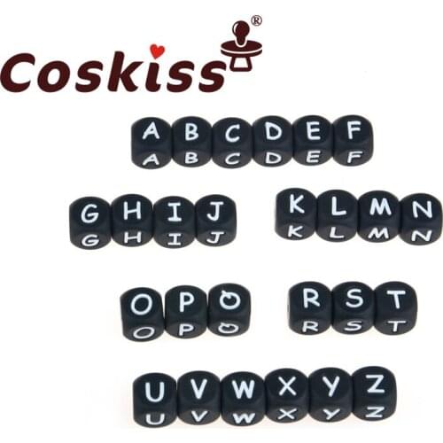 Coskiss 20pc 12mm Silicone Alphabet Letter Beads Black BPA Fress Silicone Teether DIY Teething Necklace Beads Nursing Pendant