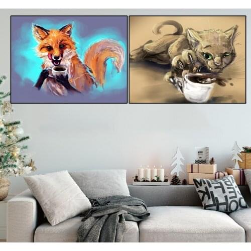 Unframed Baby Posters Animal Cat with Coffee Print Picture Posters Abstract Canvas Painting Wall Picture Kids Room Decor