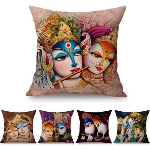 Double-sided printing India Cultural Radha Krishna Oil Painting Home Decoration Sofa Throw Pillow Case Linen Cushion Cover 45cm