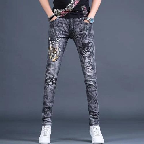 Free shipping new fashion mens male casual thin spring printed embroidery jeans brand stretch pants trend personality trousers