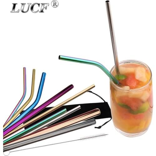 LUCF Hot Sale Reusable Straight Bent Drinking Straw with Cleaner Brush Colorful Metal 18/8 Stainless Steel Straws Drop Shipping