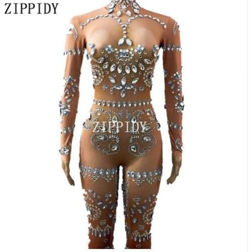 2019Fashion Glisten Crystals Stones Jumpsuit Sexy Evening Party Wear Bright Bodysuit Costume Prom Birthday Celebrate Outfit