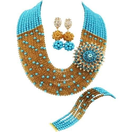 Aqua Blue and Champagne Gold African Wedding Beads Nigerian Jewelry Set Crystal Necklace Bracelet Earrings 10SZ01
