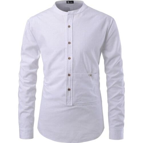 Mens Shirt Long Sleeve Stand Collar Solid Color Pullover Shirt With Pocket Casual Single-Breasted Slim Type Tops