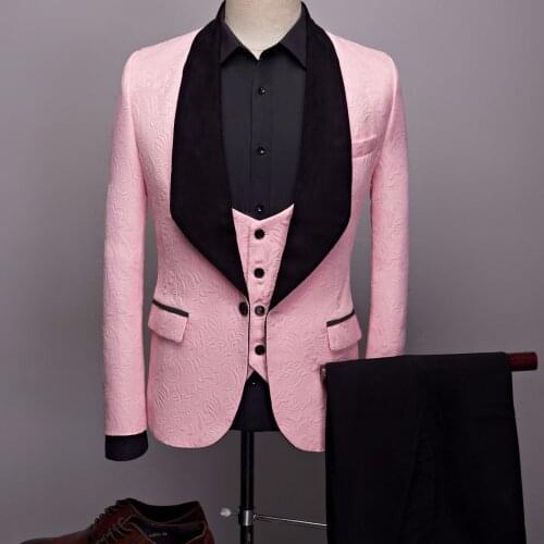 2019 Real Shawl Lapel 3 Pieces Jacquard Suit Men Slim Fit Red Blue Black White Pink Wedding Suits For Men Prom Men Suits Tuxedos