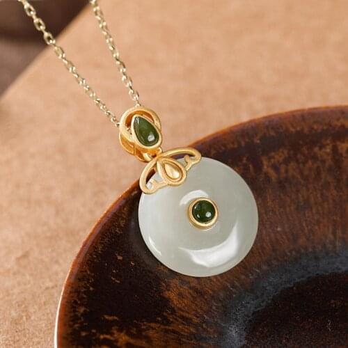 Original S925 Sterling Silver Gold Hetian Jade White Jade Peace Buckle Retro Graceful Personality Ladies Pendant