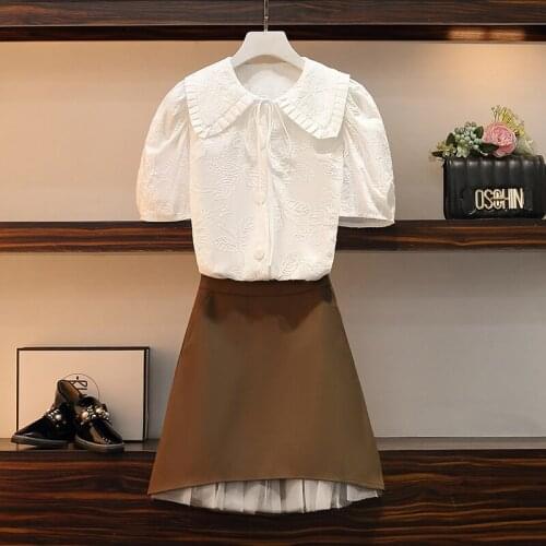 Plus size women casual shirt set 2021 summer new fashion button cardigan top high waist patchwork pleated skirt two piece suit