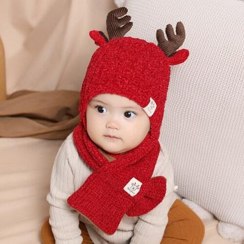 Christmas ELk Hat Children Woolen Hat With Scarf Winter Thicken Warm Baby Ear Protection Antler Knitted Hat Boy Girl Cartoon Hat
