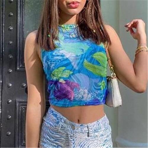Blue Printed Y2K 90s Mesh Transparent Sexy Tanks Camis Top Summer See Through Sleeveless Crop Tops Tees Fashion Camisole
