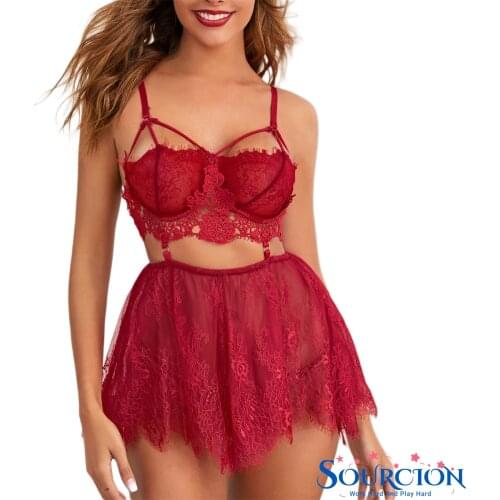 SWT Womens Sexy Outfits Cutout Lace Flower Bra + Mesh Temptation Babydoll Short Skirt + Thong Erotic Set Porno Underwear