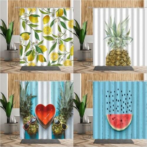 Tropical Fruit Shower Curtain Lemon Pineapple Watermelon Floral Bathroom Decor Bath Screen With Hook Fabric Curtains For Kitchen
