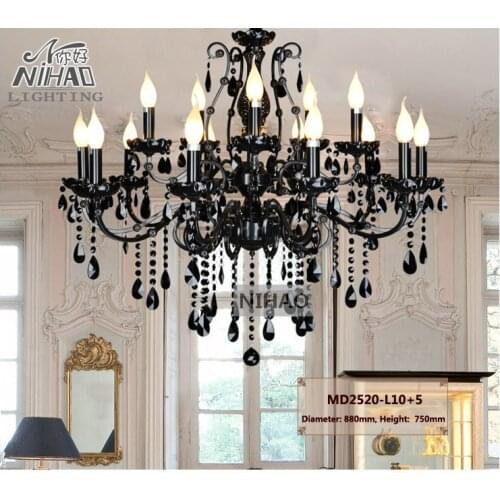 Vintage Black 15 Arms Crystal Chandelier Light Fixture Large American Wrought Iron Chandelier Hanging Light MD2520 L15