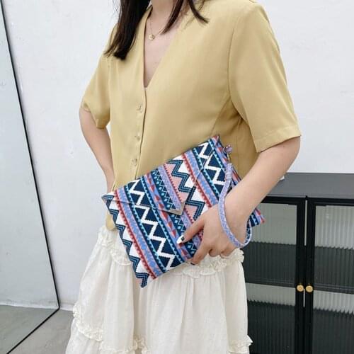 Vintage Ethnic Style Handbag Women Canvas Printing Envelope Wristlet Bag Casual Ladies Small Purse Zipper Handbags Day Clutches