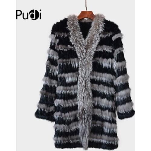 CT7025knit Knitted Real Rabbit & Silver Fox Fur Coat Jacket Overcoat Womens Long Winter Warm Genuine Fur Coat Ourwear