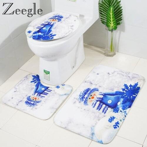 Zeegle 3pcs Bathroom Carpet Set Non-slip Bath Rug Shower Mat Christmas Printed Toilet Rug Absorbent Foot Mat Kitchen Rug