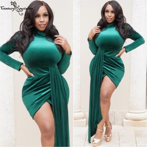 Green Prom Dresses Short Mermaid 2021 Long Sleeve Velvet African Formal Evening Dress Reception Gowns Vestido De Fiesta