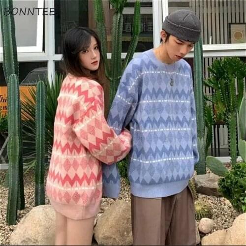 Pullovers Women O-Neck Stylish Knitting Ins Argyle Sweater Daily Korean All-match Vintage 2XL Couple College Aesthetic Teenagers