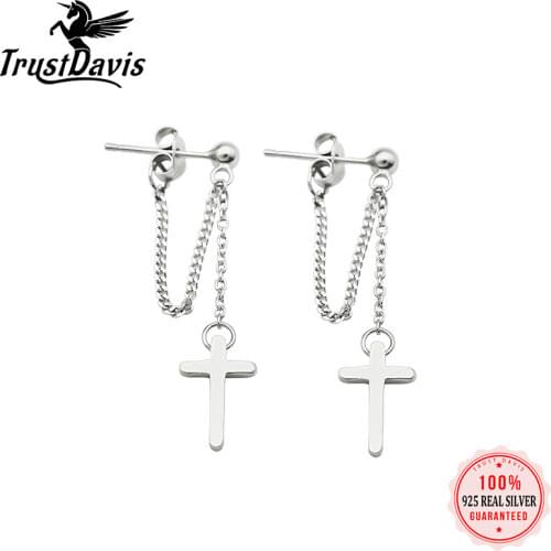 ElfoPlataSi Genuine 100% 925 Sterling Silver Cross High Quality Chain Stud Earrings For Women Lady Silver 925 Jewelry Gift ED470