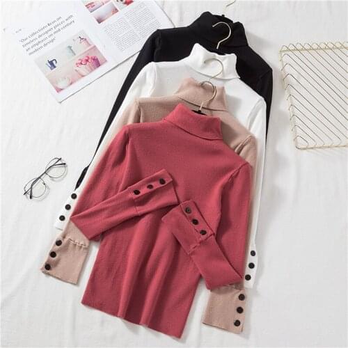 2020 Autumn Knitted Womens Sweater Button Soft Warm Long Sleeve Turtleneck Sweater Winter Womens Jumper Streetwear Pull Femme