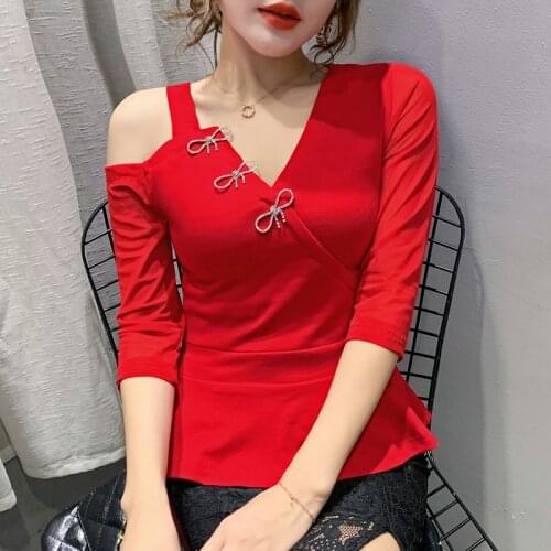 2020 Autumn winter woman tshirts Fashion casual 3/4 Sleeve women tops and shirt Elegant slim v-neck mujer camisetas