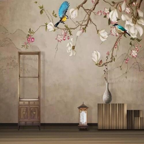 Custom Photo Wallpaper 3D Flowers Birds Hand Painted Magnolia Flower Murals Living Room Bedding Room Study Room 3D Backdrop Wall